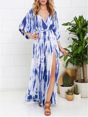 Lulus Blue Tie Dye Wrap Maxi Dress High Slit Boho Beach Resort
